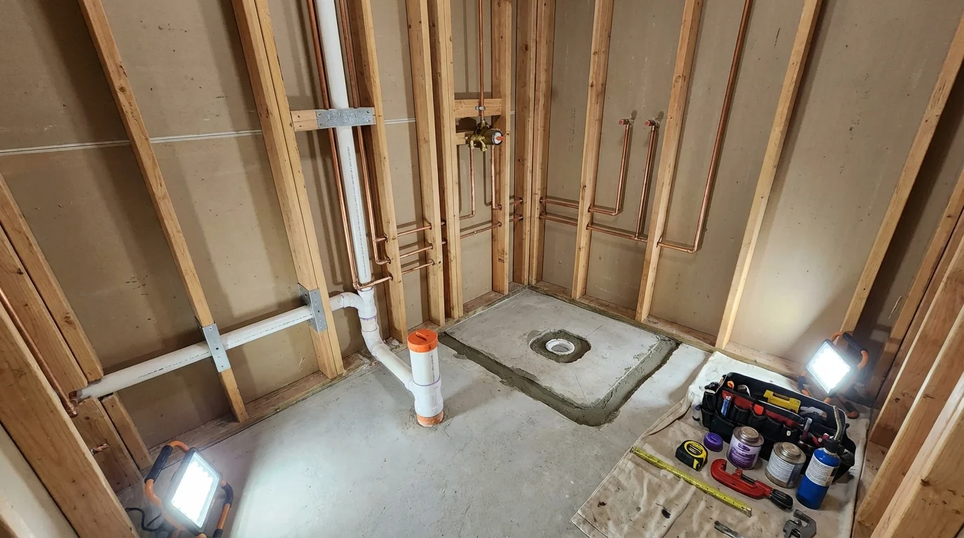 Bathroom rough-in plumbing during remodel by Johns Plumbing LLC in Santaquin