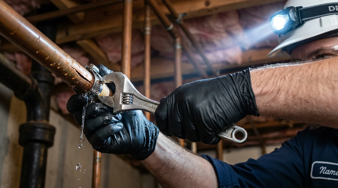 Emergency pipe clamp repair being performed by a Johns Plumbing LLC plumber in Santaquin